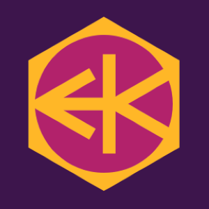 Cover artwork for the album Electric Keet. The Electric Keet logo, consisting of a dark violet field with a golden-yellow hexagonal ring. The ring surrounds the angular letters “EK”, and the center is filled with magenta.